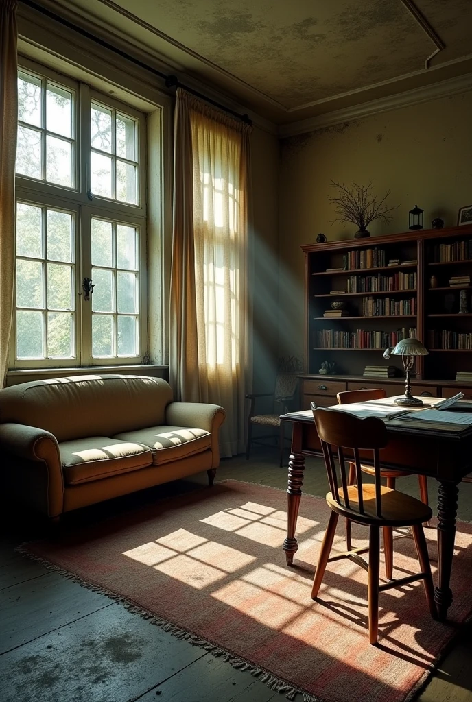 Make a plan of the director's room of the old orphanage from different angles for filming, with old windows and curtains, a reading light, a small library, an old sofa, a table and chairs.