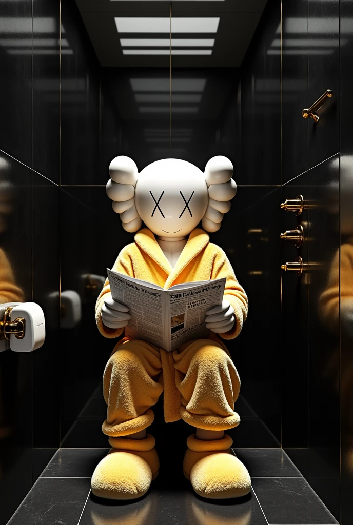 Create a very hyper realistic luxury black color bathroom having silver color kaws wear golden bathrob sitting on toilet reading newspaper 