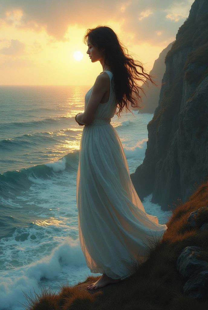 A young woman stands on a cliff by the sea, Hugging herself with a slightly sad expression. She was wearing a simple white dress, Her hair is blowing in the wind，Staring at the vast ocean, As if longing for something. The background is a sunny seascape, As the distant horizon is gradually shrouded in twilight,. A melancholy girl stands on a cliff overlooking the sea, Meditating on the pain of losing a loved one, Realistic, Very detailed, movie lighting, Dramatic, emotional, desire, serene, by Art Jem, James Jean, Popular topics on ArtStation