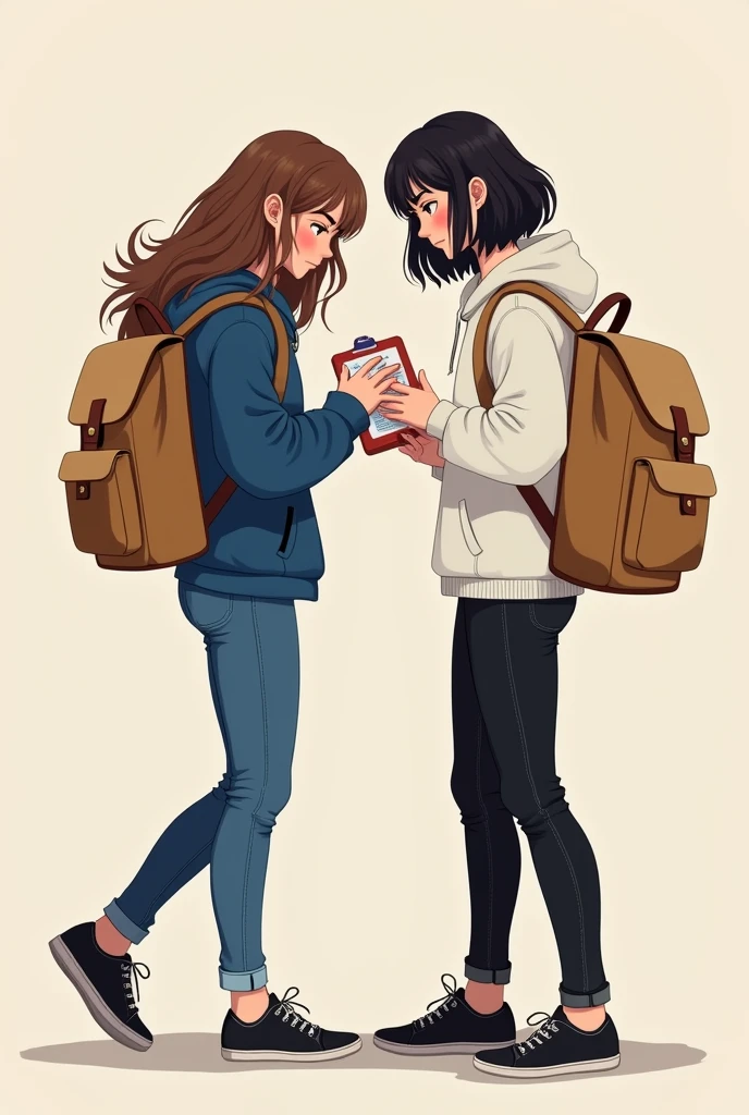 2 girls, one have long brown hair wearing blue shirt and jeans, other one have short black hair wearing white hoodie and black jean. both wearing black sneakers and carrying light brown backpack. Taking out med kit from their backpack.
