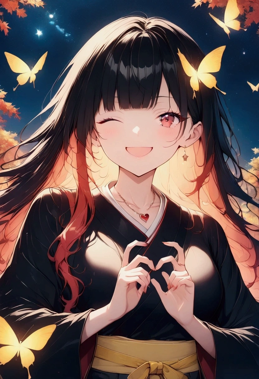 A woman winking,Making a heart with hands Rainbow hair,Long Hair,Black kimono,Shoulder,Yellow belt,samurai　Yellow butterfly,night,shoulder,old,garden,water surface　moon　star　Draw your sword　Slashing　Catch the wind　autumn