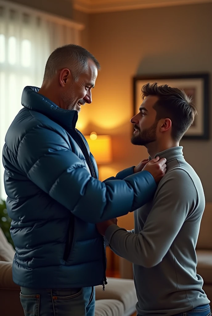 Create a hyper-realistic, high-resolution image showing two extremely handsome brightly lit living room. The uncle man, aged 42, with short hair beginning to show signs of balding, is wearing dark pants and an open, *extremely shiny blue nylon puffer jacket* that exposes his slightly hairy chest and slightly prominent belly. He is kneeling on the floor, *wearing a collar around his neck*, being pulled by his nephew, a 26 yo man with a naturally attractive physique, dressed in a fitted shirt and casual pants. (((The *nephew pulls the collar with a confident and authoritative expression*, while the uncle, *kneeling*, looks up with a submissive expression))). The living room is warmly lit, with modern, comfortable decor that enhances the realism of the scene. The image should capture every detail with precision, emphasizing the interaction and contrast of roles between the two men.