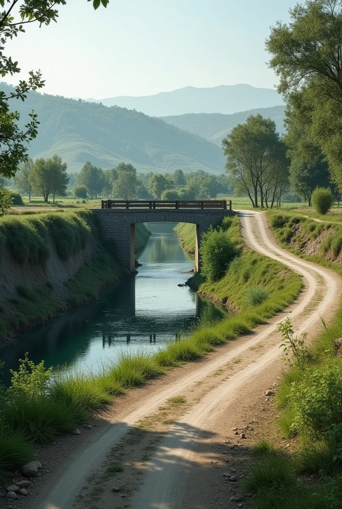 Pakistani small canal bridge made with cement with road over it from right and low angle
