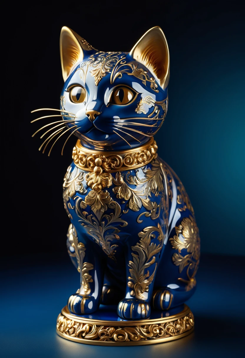 a small cute cat, made of pottery, painted with gold on a blue background, highly detailed, ceramic, delicate, elegant, ornate, intricate, gold leaf details, porcelain, masterpiece, 8k, photorealistic, dramatic lighting, chiaroscuro, vibrant colors, glossy, studio lighting, hyper-realistic, cinematic composition, award-winning