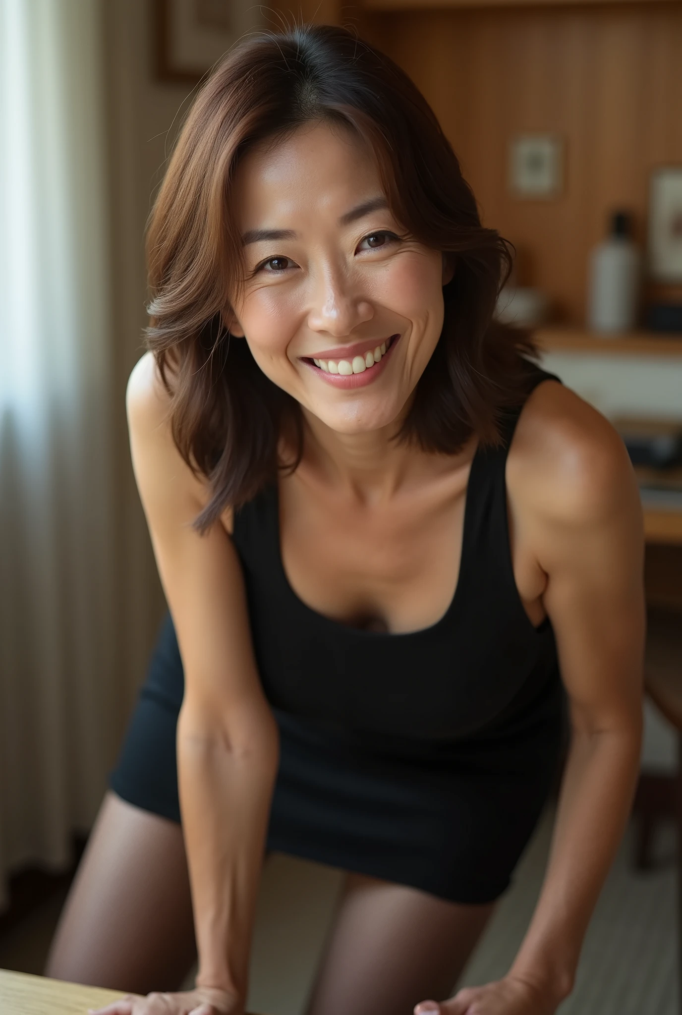 gravure, From the chest up, Tabletop, Highest quality, Very detailed, Realistic, Very detailed肌, Perfect Anatomy, (1 日本人Mature Woman), (alone), 60 years old, (Wrinkles around the eyes:1.3), Large Breasts, Mature Woman, Glamour, Sexy, Brown Hair, Shoulder-length straight hair, Chromo White Skin, View your viewers, Oversized breasts, Sleeveless knit, Tight-fitting knit dress, Muchimuchi, Black Pantyhose, High heels, smile, Public place, (Crouching:1.3, Front image:1.3, Turn your body towards the viewer:1.3, Face the viewer:1.3)