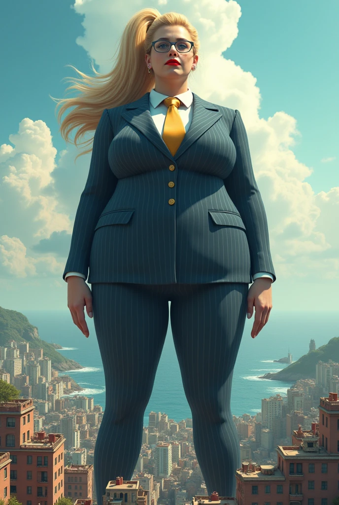 (photorealism:1.2) beautiful schoolgirl a massive curvy blonde ponytail red lips wearing a perfect dark blue pinstripe suit with a thick golden tie large collar large breasts standing giantess art highly detailed giantess shots giantess most detailed perfect face Two legs Five fingers ponytail A high school girl who is bigger than a skyscraper Wearing rimless glasses smile huge breasts seaside metropolis numerous Destroying cities A very small big city Miniature metropolis Full body description GTS giga giantess gigagts stomping city crash city tiny city micro city High resolution highest quality masterpiece,