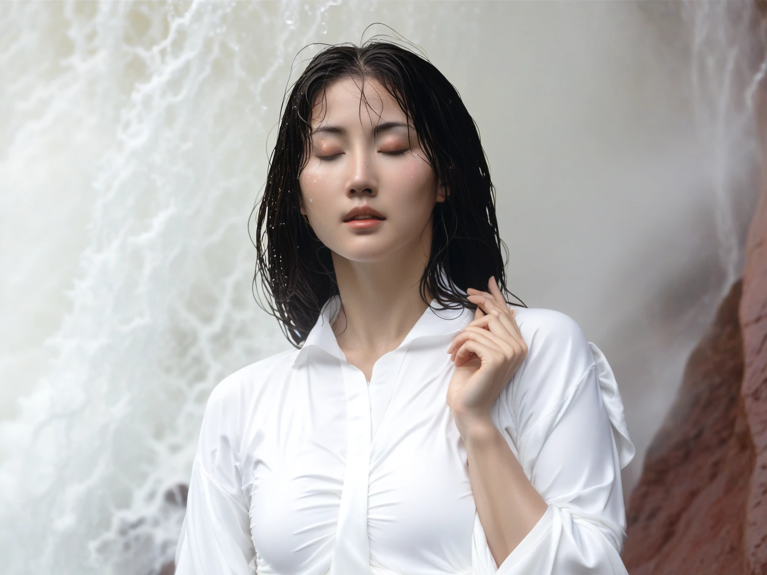 Illustrate a woman undergoing spiritual training by standing under a waterfall, her wet kimono clinging to her body and revealing her translucent skin. Most beautiful face and voluptuous and hourglass body.Capture the serene and introspective atmosphere of the scene, with the woman's closed eyes and serene expression conveying her deep focus and dedication to her mental and physical discipline. Use a muted color palette to enhance the tranquility of the surroundings, with the waterfall cascading down from a rocky cliff and the surrounding foliage adding a sense of natural beauty and isolation. Pay attention to the details of the woman's wet kimono, with its intricate patterns and folds, as well as the gentle play of light and shadow on her skin. Depict the water droplets falling from her hair and the mist rising from the water, creating a sense of movement and energy in the image. Overall, create an image that represents the transformative power of nature and the inner strength of the woman undergoing her spiritual journey.