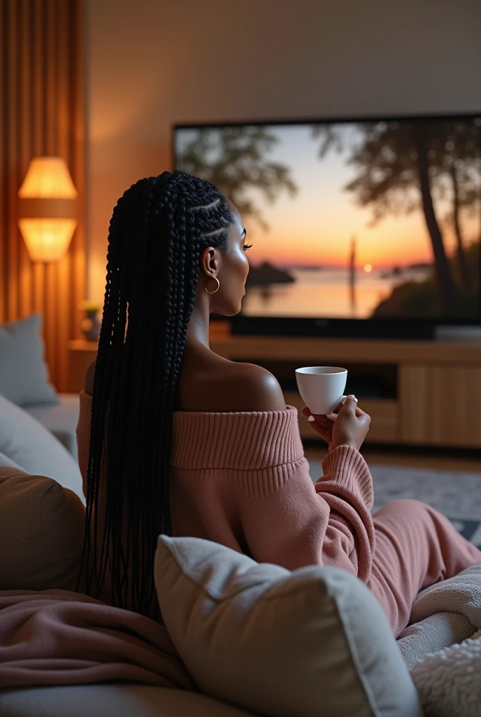  "Create a luxurious scene featuring the na
Back view of a happy beautiful biracial woman with long braided hair, in a boho chic Nordic living room during movie night watching  sleek 100-inch TV mounted on the wall, playing an episode of 'Emily in Paris.' The room is tastefully decorated with plush furniture, elegant lighting, and artistic decor that exudes sophistication. The woman is seated comfortably, possibly on a velvet sofa, with a a stylish cup of coffee , She is dressed in chic, swear pants comfort. The atmosphere should radiate warmth, style, and a sense of relaxation, showcasing the perfect blend of luxury living and indulgent entertainment."