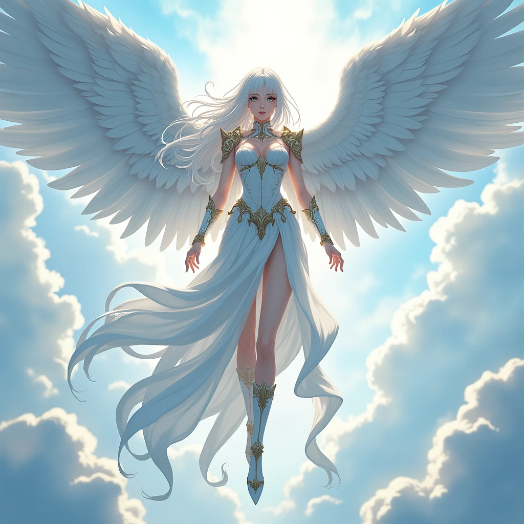 A tall women with silver-white hair and calm grey eyes, she wore a crown her face tantalizing, with wings extended from her back, she looks like goddess that has descended from the heavens, her presence seems to illuminate the world, she Was clad in white and gold Armor, her wings were pure like she doesn't belong in the mortal worldMasterpiece, Anatomically Correct, Accurate, High Resolution, Best Quality, Detail, High Details, Quality, Super Detailed, UHD, Anime Style, Anime, She was descending from the sky with a slender figure and long legs which all just made her beauty even more mesmerizing