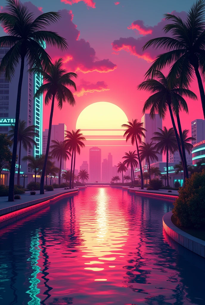 J'aurais besoin que tu me crée une image de profil pour mon serveur GTA RP sur PS4, qui s'appelle "🌴FILZONE RP🌴".
J'aimerais que l'image soit inspirée par le décor de Miami, avec des couleurs néon, un coucher de soleil, des palmiers, et des bâtiments Art déco.
Le nom "🌴FILZONE RP🌴" devrait être bien visible au centre, avec un style de texte dynamique, utilisant des couleurs comme le rose, l'orange et le turquoise.
Est-ce que tu pourrais me faire ça ?