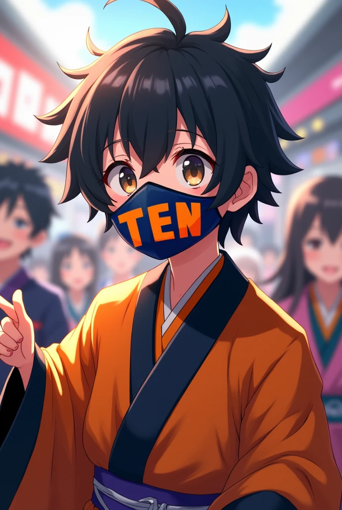 A short game commentator who wears a mask with the word "Ten" written on it。Dressed in traditional Japanese clothing with orange and black innerwear。Moe sleeves。A man with a mashed hairstyle