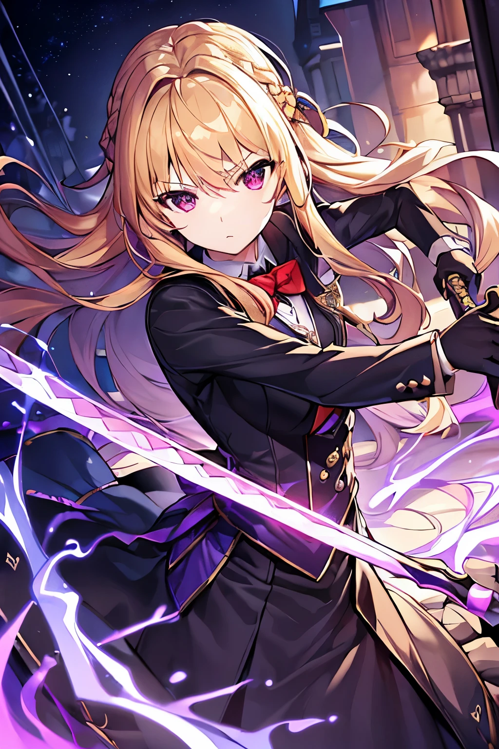 (4K、masterpiece、Highest quality、high resolution、Detailed light、Detailed Shadows、Detailed Design)、1 girl、Blonde、Braided into head、tuxedo、Meet and greet、Cool clothes、Butler、Purple glowing blade、Holding a sword、Sword Fighting、Fighting pose、Red Eyes、Expressionless、((Hunting))、brainwashing