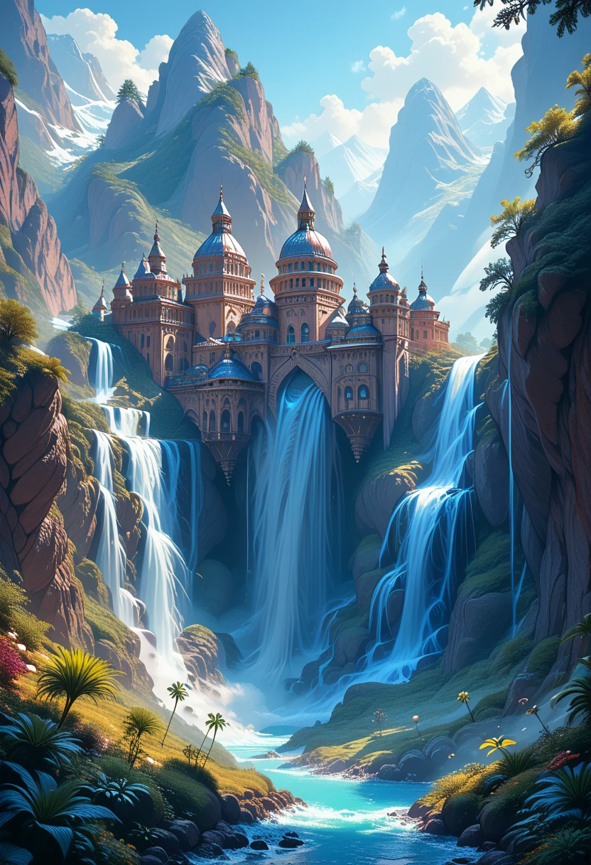 super huge mountains alps magnificent view magnificent nature fantasy huge waterfall high resolution masterpiece best quality