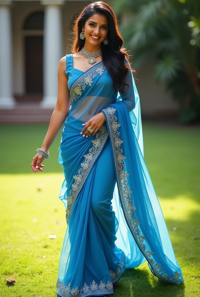 Perfect Indian sexy wife with embroidered soft net blue saree, sleeveless braotte blouse , HDR, 8k, hyper detailed, best quality, ultra-high resolution, HDR, 8k, walking on the lawn , look at viewer, waist level view, bright smile, wearing platinum ornaments, casual pose , average body with 36 D size breasts,26 hip size and 36 waist size, waist level view, show background