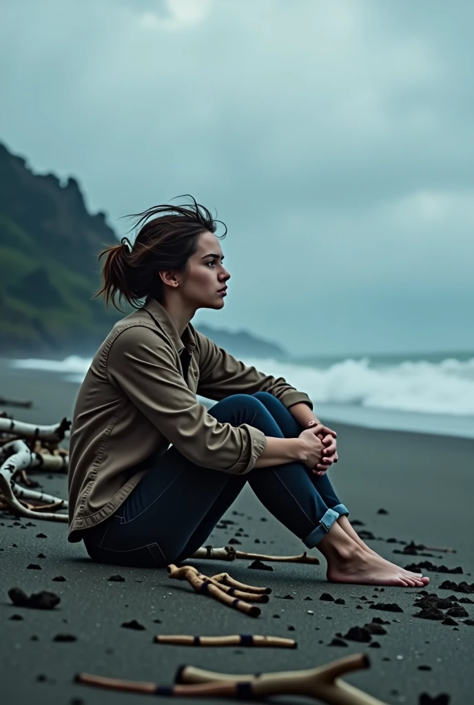 after the storm、South Island Beach、Drifting and drifting、A young woman waiting for help、Sit with your knees hugged、Looking out to sea
