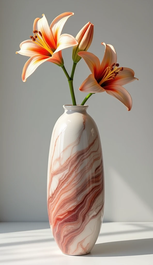 ceramic art works, tall vase with a random color marble pattern with lisianthus bellflower, shiny glossy, shadows, contrast, conceptual installation art, (ultra detailed, absolutely resolution, best quality:1.3), 2.5D, delicate and dynamic, lighting effects, artistic photography, hyper realistic, graphic CG digital art