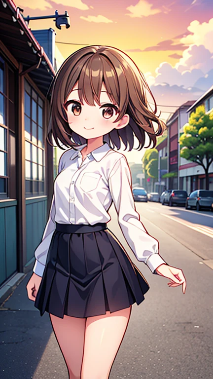One girl、1、(Brown hair short cut)、Beautiful brown hair、Perfect Face、Shiny skin、Friendly smile、Very clear, reflective brown eyes、Slightly chubby、Small breasts、buttocks are small、A girl in a white button-down shirt and a tight skirt、Let's think step by step,Highest quality、masterpiece、 Ultra-high resolution 、8k、Show anime style 、Soft Line Art、Digital Enhancement、 shojo anime touch, shojo manga core, Flowing fabric、Soft Drawing、 Ultra-Definition Digital Anime Art、 Clear facial depiction、Super detailed girl cartoon character art、 Ultra-detailed manga style、 Highest qualityの色、Walking around the city、Front shot、Clouds in the sky、Warm and soft sunset、A pleasant breeze blows、Beautiful hair blowing in the wind