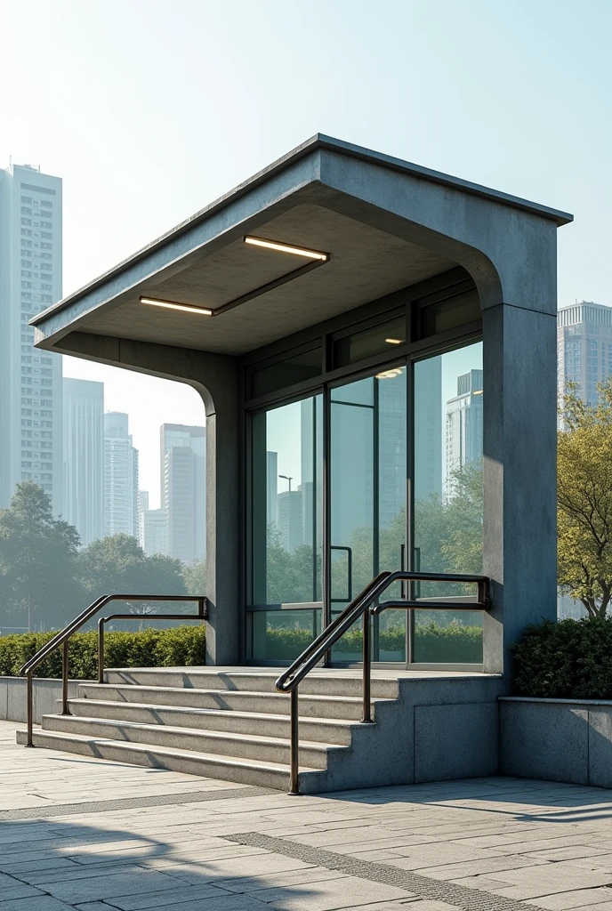 Large one-story bus stop with steps, and horizontal bars for arm support
