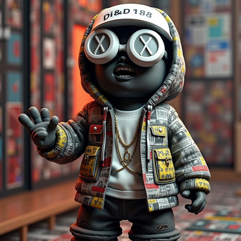 A unique toy character with a pixel art style. The character wears a hat with the text 'D&D198' displayed prominently on the front panel, in a stylish font. The character also has glasses, with one lens showing 'Xand the other x ensuring the text is legible. The character is dressed in modern streetwear, detailed with newspaper and magazine elements instead of regular patterns, and vibrant colors. The background is colorful, making the character look stylish and futuristic. The image should have a high-quality, C4D-style render