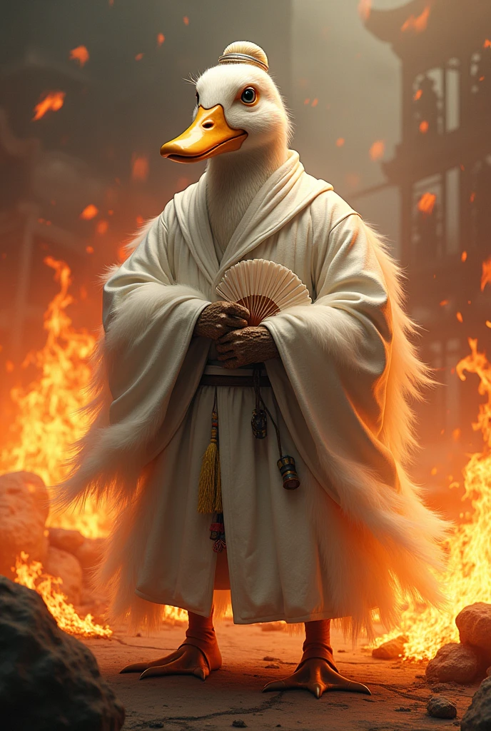 The duck's head on Kongming's body, Wearing Kongming's white clothes, Put on Kongming's hat, Holding Kongming's feather fan, fire everywhere