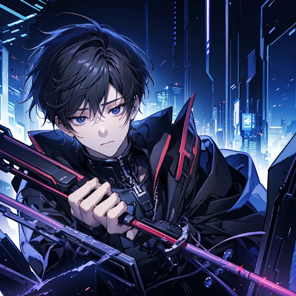 masterpiece, best quality), (Complex lighting), 1 boy, Solitary, , black eyes, Cold and expressionless, Sit in front and play games,Cyberpunk city background,anime boy，Panoramic view