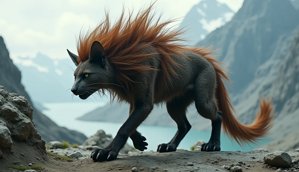There is a wild beast on the mountain,Like a civet cat,Human hair on head(best quality,4K,8k,High level,masterpiece:1.2),Ultra Detailed,(lifelike,Photo real,Photo real:1.37)