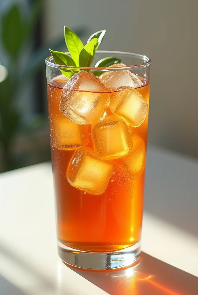 fresh-looking iced tea with sparkling ice cubes inside. creates a refreshing and appetizing appearance. Make sure natural lighting highlights the freshness of the iced tea, with a clean, minimalist background to emphasize the photo's aesthetic. Use careful composition to highlight small details, such as dew drops on the surface of the glass and the beauty of contrasting colors. The end result should look real, like a professional photo that exudes a fresh and soothing atmosphere."
