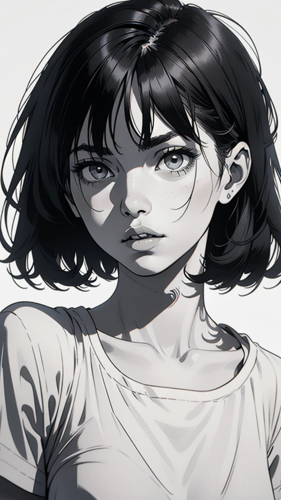 1 boyish girl, solo, sharp eyes, monochrome, greyscale, shoulder length black hair, portrait, (blank white T-shirt), Thin eyebrows, closed mouth, looking at viewer, detailed lips, hatching \(texture\), without makeup, (bangs), upper body, (best illustration), (best quality), (very detailed), (masterpiece), expressionless,