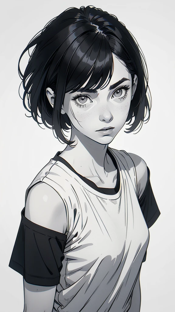 1 boyish girl, solo, sharp eyes, monochrome, greyscale, shoulder length black hair, portrait, (blank white T-shirt), Thin eyebrows, closed mouth, looking at viewer, detailed lips, hatching \(texture\), without makeup, (bangs), upper body, (best illustration), (best quality), (very detailed), (masterpiece), expressionless,