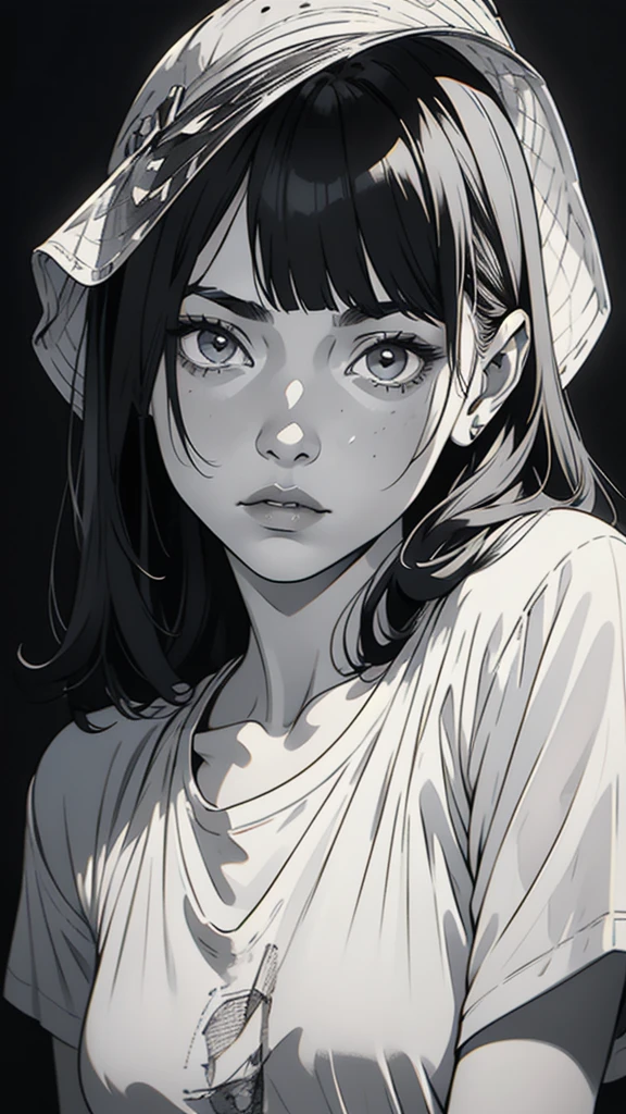 1 boyish girl, solo, sharp eyes, monochrome, greyscale, shoulder length black hair, portrait, (blank white T-shirt), Thin eyebrows, closed mouth, looking at viewer, detailed lips, hatching \(texture\), without makeup, (bangs), upper body, (best illustration), (best quality), (very detailed), (masterpiece), expressionless,
