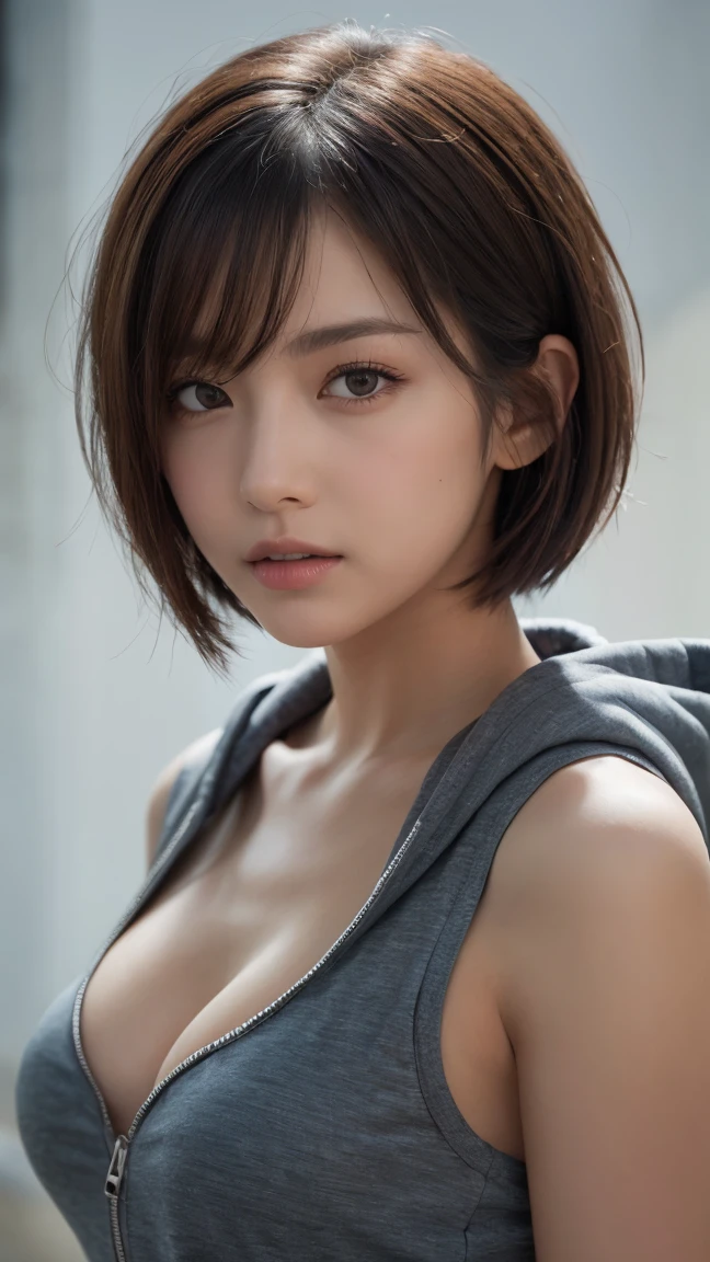 masterpiece, Highest quality, Very detailed, 8k, Realistic, One Girl, alone, Tomboy, Very detailed face, (head shot:1.5), Upper Body, silver pixie cut hair, She is wearing a short tank top and an open zippered hoodie., I can see her cleavage,Emphasise that you&#39;re not wearing a bra、Reaching into the pocket of a hoodie,Futuristic urban landscape