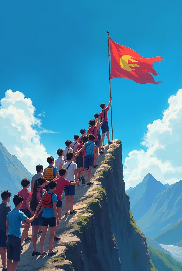 20 young people hold each other's hands to climb to the top. There will be a flag on the top, the flag with the symbol of the wind will be on the blue background.