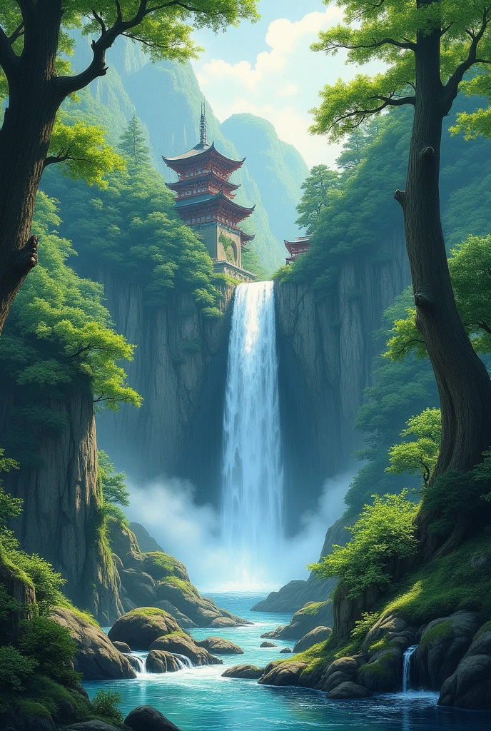 a painting of a waterfall in the middle of a forest, by Song Xu, fantasy art, japanese village, realistic painting of a complex, digital painting of a pagoda, night scenery, made of tree and fantasy valley, beautiful painting of a tall, fantasy house, fantasy water color, thomas kindkade, perfectly detailed