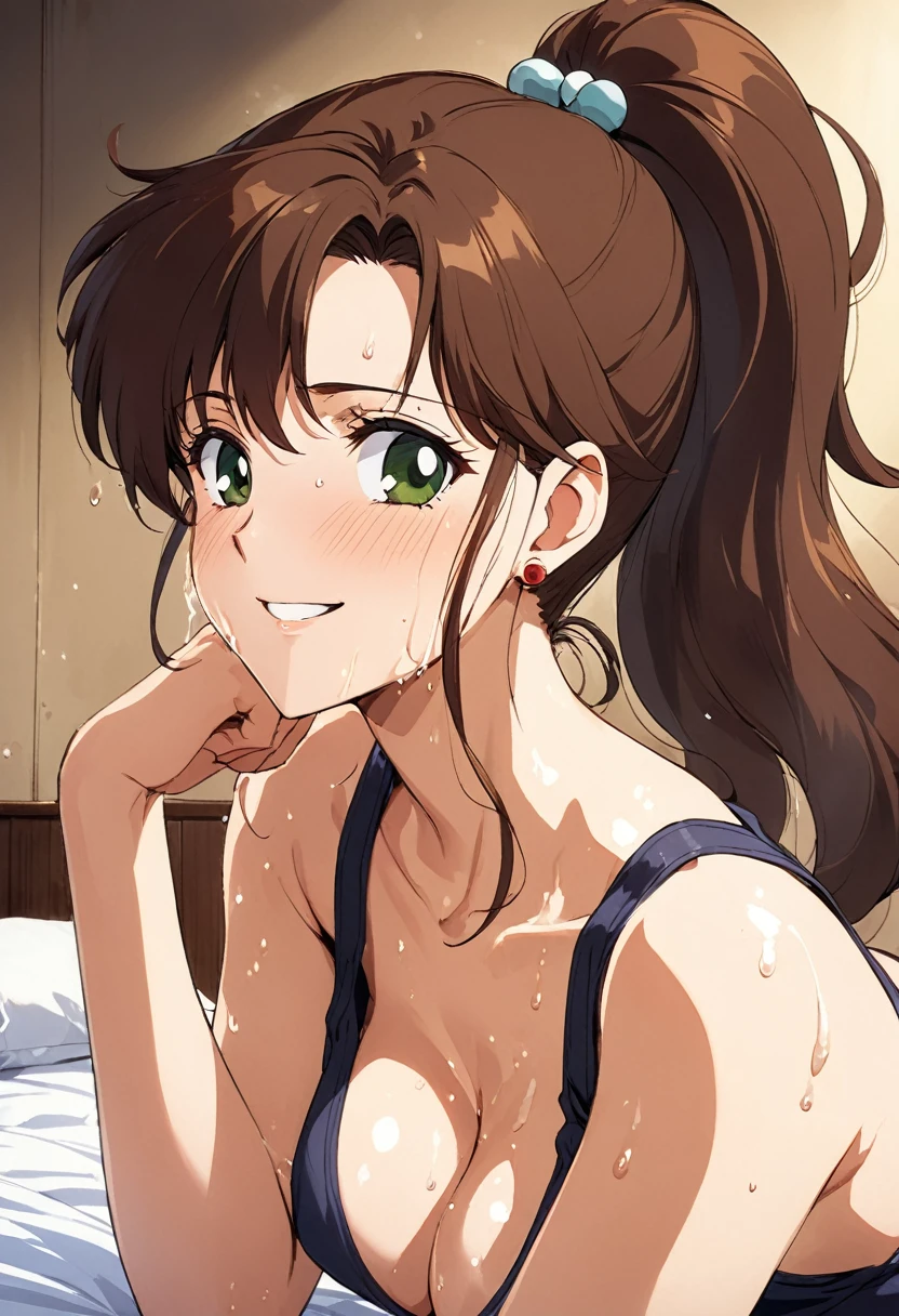 masterpiece, Highest quality, High resolution, (Makoto Kino),1990s \(style\),height: 175cm, Brown long hair,ponytail、 sexyな長い脚, loose tank top,No bra,Shorts, Bedroom,(E-cup beautiful breasts)、Sweating all over the body、vapor、Muscular、sexy、Face writhing in pleasure、Sweaty、Configuration from the front、smile、look up,Semen splattered on face、Anime-style painting style,Composition focusing on the upper body