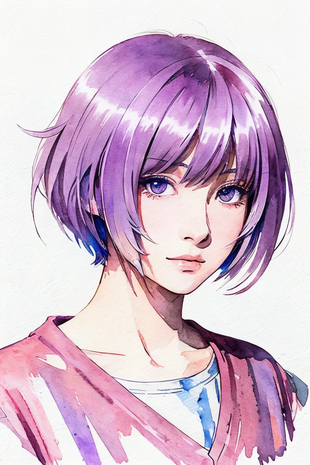 Watercolor、(Illustration style)、(Showa Anime)、(highest quality)、extra short length Hair, amaranth purple hair color