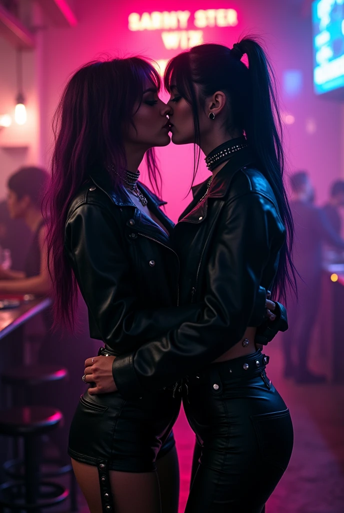 Two goth girls in leather kissing. Nightclub 