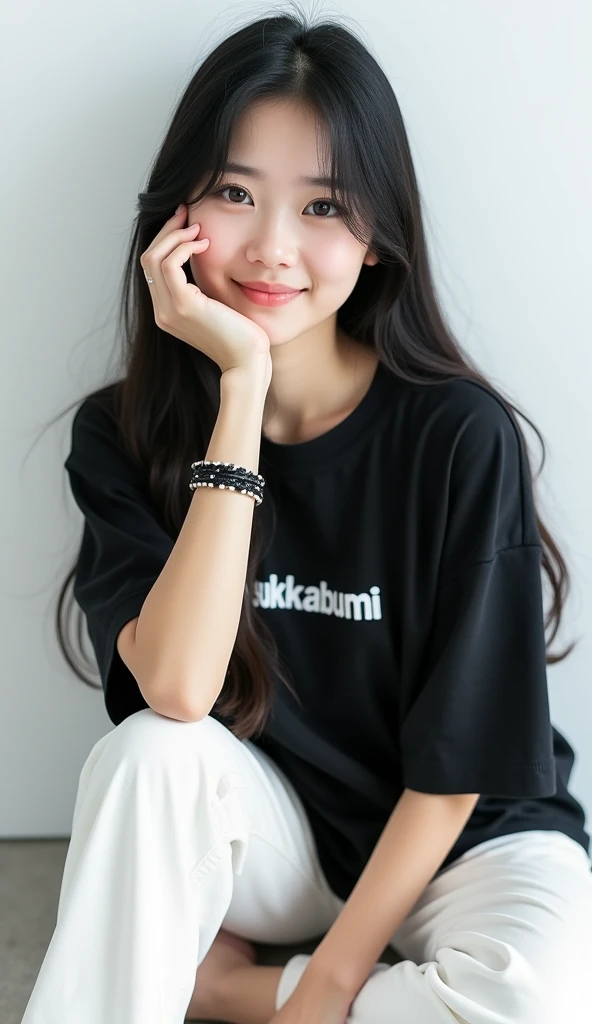 Hyper realistic photography, a beautiful korean girl, "long straight black hair", sitting on the floor, hold the chin, wearing a black oversize t-shirt with writing "Sukabumi", wearing white pants, smile, wearing a bracelet, plain white background, realistic highly detailed objects, looks real and clear, bright background not blur, natural 3D, 8k ultra hd