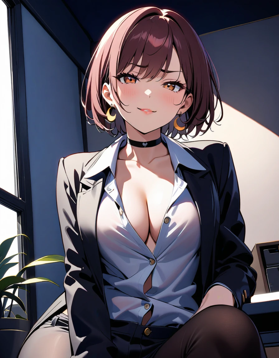 A masterpiece of seductive pose! A mature CEO, with short hair and enchanting brown eyes that seem to mock the viewer from below. Her raised eyebrow and half-lidded gaze exude a playful, malicious teasing behavior. A bright red mouth curves into a crescent-shaped smile, as if daring the viewer to giggle at her suggestive demeanor. She sits in an open office room with a gray table, white wall, and a plant, looking directly at the viewer from beneath the window frame. Her suit is slightly unbuttoned, revealing a glimpse of cleavage, paired with a black choker and earrings. Her hands are perfectly manicured, fingers detailed and tantalizingly close to slipping inside her pants. In the background, the soft glow of a bedroom illuminates the scene, adding to the surreal atmosphere.