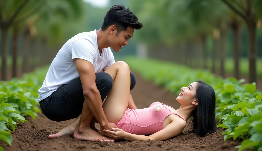 a handsome Indonesian man wearing a white t-shirt, a beautiful Korean woman wearing a torn pink tank top, they are doing leg-lifting exercises where a man lifts up a woman's legs lying on the ground in a plantation.