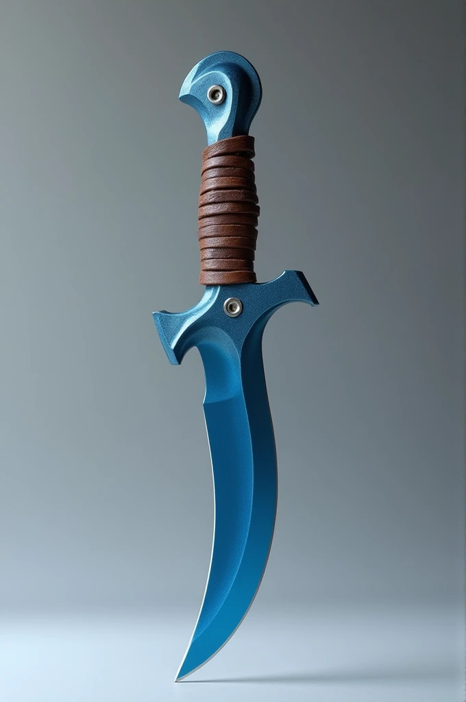 Karambit made of blue-bright titanium with a brown leather-wrapped handle, standing upright on a plain background