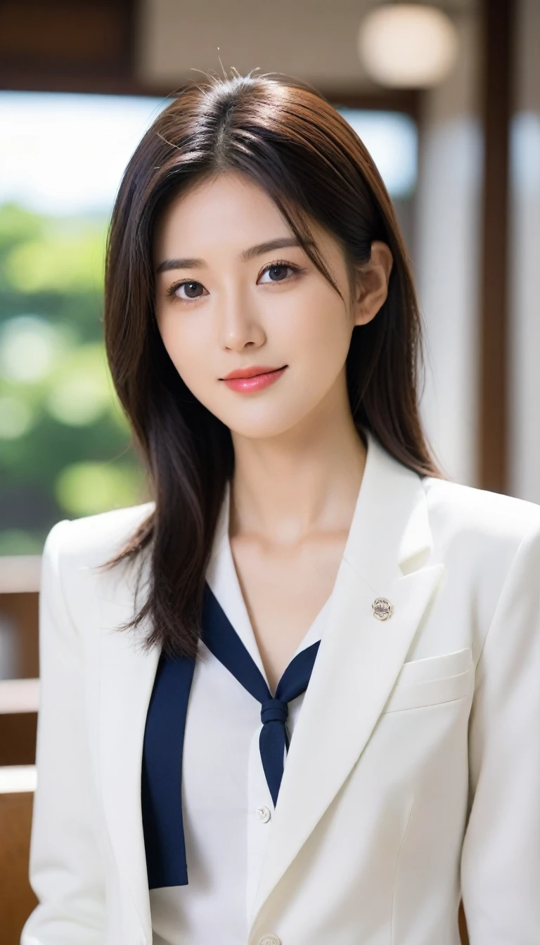 8k, ultra high resolution, best quality, masterpiece, 三分割法によるpicture,surreal, picture, 1 girl,LD:1.3), Pretty Woman, Cute face, Beautiful Eyes in Every Detail, 細かくdetailedに,masterpiece,one girl:1.2, Japanese female announcer,tabletop,glaring,black hair,hair pulled back,Blazer Uniform,White collar blouse,The buttons on the chest are open..,sharp focus、Complete dynamic configuration、Beautiful and detailed、thin hair、Detailed, real skin texture、laugh、클로즈업 portrait、model body type,Looking at the audience、beauty,long neck、(((ideal body type))), one cup :2,、portrait:2、complete anatomy、なdetailed、detailed、surreal、light and shadow,strong light