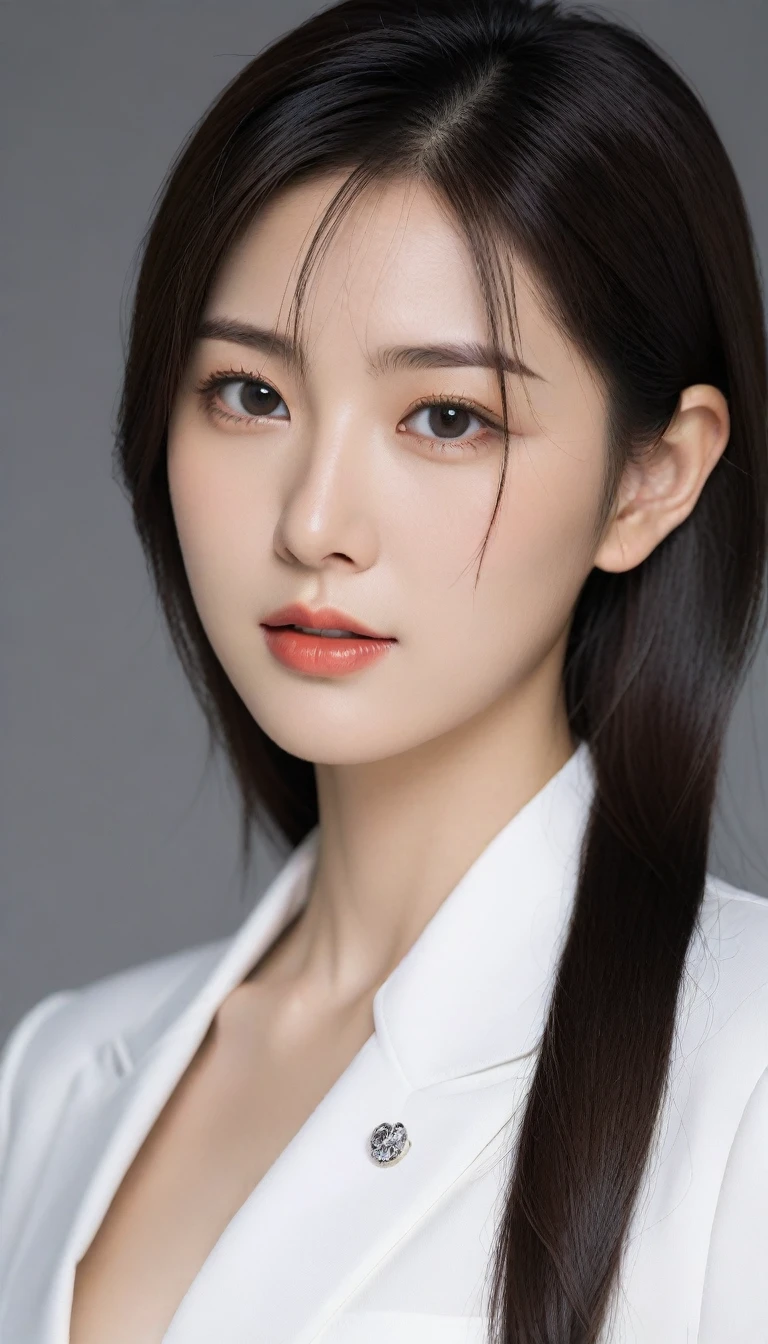 8k, ultra high resolution, best quality, masterpiece, 三分割法によるpicture,surreal, picture, 1 girl,LD:1.3), Pretty Woman, Cute face, Beautiful Eyes in Every Detail, 細かくdetailedに,masterpiece,one girl:1.2, Japanese female announcer,tabletop,glaring,black hair,hair pulled back,Blazer Uniform,White collar blouse,The buttons on the chest are open..,sharp focus、Complete dynamic configuration、Beautiful and detailed、thin hair、Detailed, real skin texture、laugh、클로즈업 portrait、model body type,Looking at the audience、beauty,long neck、(((ideal body type))), one cup :2,、portrait:2、complete anatomy、なdetailed、detailed、surreal、light and shadow,strong light