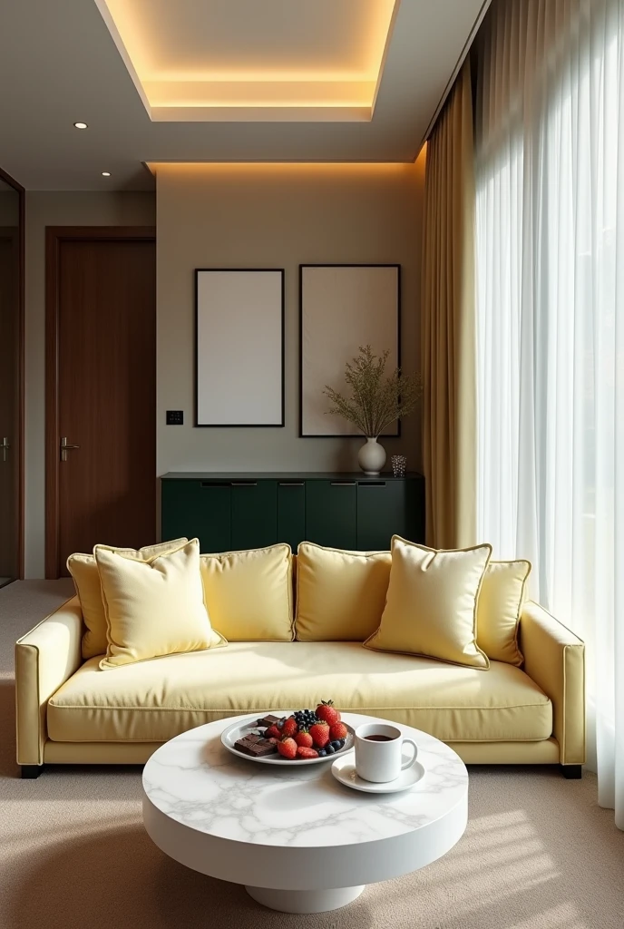 Professional 3d architecture rendering design of modern and minimal relax room with light lemon colour modern velvet 2 Florence sofa and white stone marble table modern and modern ceiling lighting and elegant ceiling lighting and dark green and black wooden consulate consulate and modern ceiling lighting and elegant wall painting and elegant accessories and elegant green space and beautiful wall painting and modern windows and beautiful curtains and warm color for carpet and beautiful relax room and one dish of strawberry and blueberry and chocolate and cup of coffee on the table