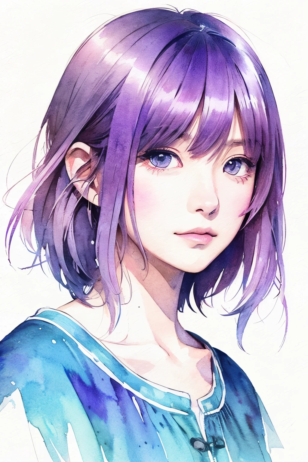 Watercolor、(Illustration style)、(Showa Anime)、(highest quality)、extra short length Hair,  amaranth purple hair color