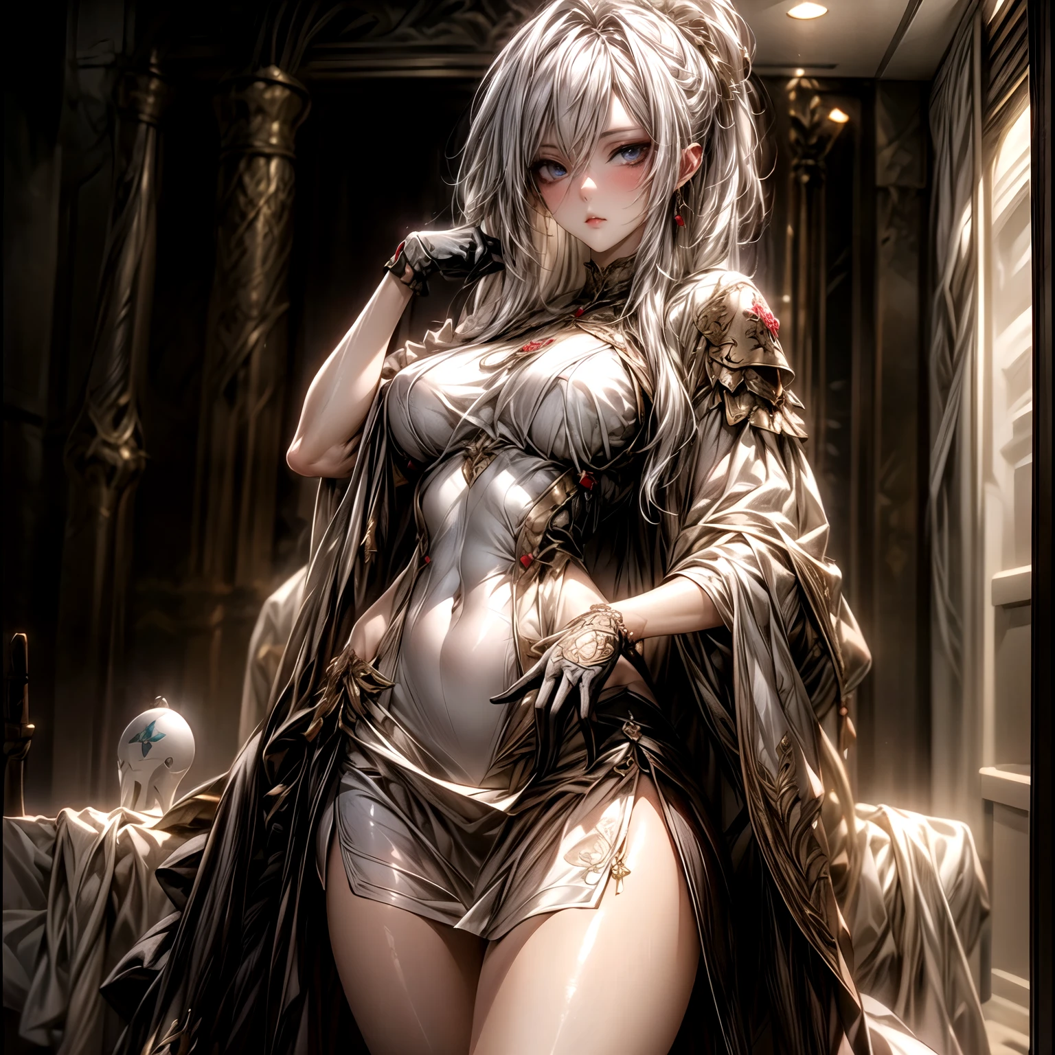 (best quality)), ((Masterpiece)), (details:1.4), 3d, HDR (high dynamic range), an image of a beautiful cyberpunk female, fantasy, medieval, Cyberpunk, Sleek style, black hair, Curtain Bangs, hips up, Beautiful White eyes, จมูกโด่ง, ปากแดง, หน้าอกใหญ่, nvidia RTX, PBR surface, After processing, Anisotropic filtration,depth of field, Maximum clarity and clarity, multi-layered surface, Subsurface scattering, perfect proportions, 8K raw files, ultra detailed, Perfect proportions, volumetric lighting, soft lighting, Holy Paldin, Heavy Golden Armor, White dress, intricate Silver embroidery, glossy skin, Bed room Background, jewely, ต่างหู, mini white skirt, glove,