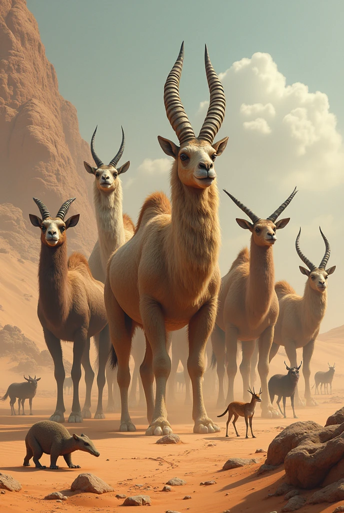 Bactrian camel, dromedary camel, Scorpio, fennec, jerboa, gazelle, Addax, Scolopendra, horned viper, efa, desert locust, oryx, gerbil lizard, jackal.