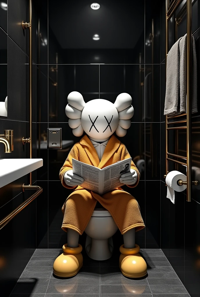 Create a very hyper realistic luxury black color bathroom having silver color kaws wear golden bathrob sitting on toilet reading newspaper around Halloween character 