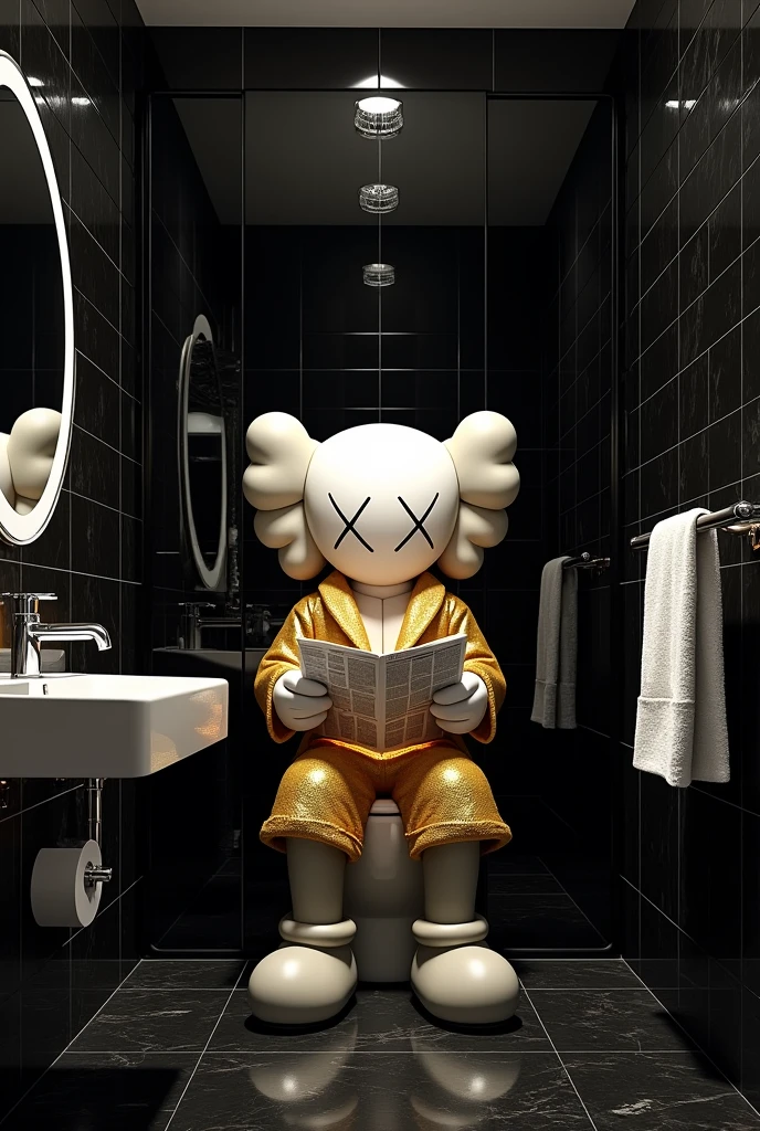 Create a very hyper realistic luxury black color bathroom having silver color kaws wear golden bathrob sitting on toilet reading newspaper around Halloween character