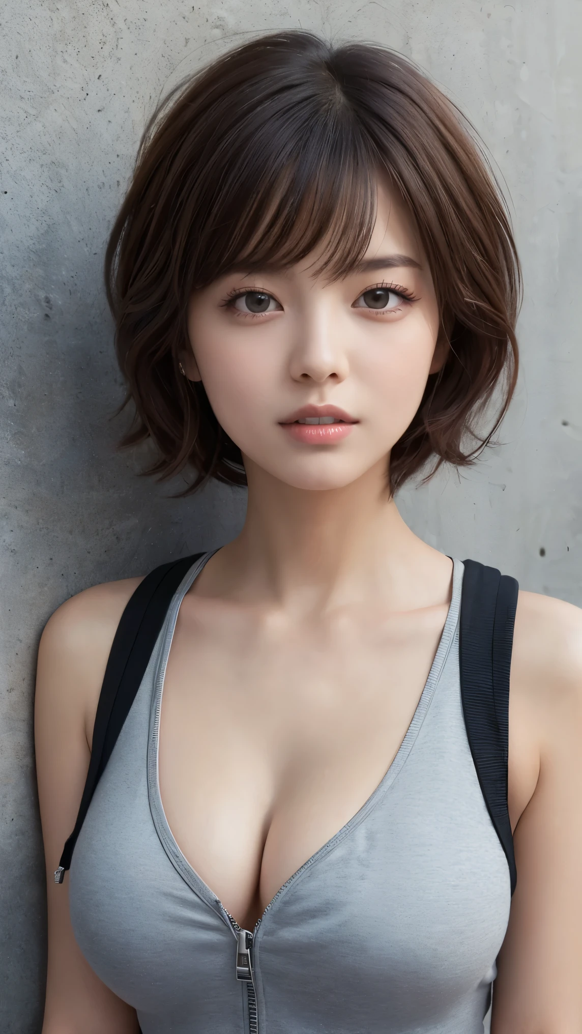 masterpiece, Highest quality, Very detailed, 8k, Realistic, One Girl, alone, Tomboy, Very detailed face, (head shot:1.5), Upper Body, silver pixie cut hair, She is wearing a short tank top and an open zippered hoodie., I can see her cleavage,Emphasise that you're not wearing a bra、Reaching into the pocket of a hoodie,Futuristic urban landscape