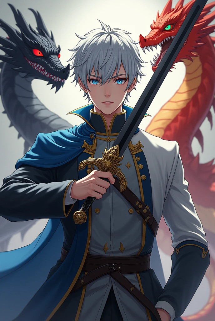 Short_silver_hair, hair_back_side, small_bangs_on the sides, ung_man, really_sky_blue_eyes, beautiful_and_detailed_eyes, serious_face, dress, noble_uniform, holding_a_black_sword_with_golden_dragon_handle, left_hand_inside_pocket, black_pants, detailed_hands, with_black_dragon, fire_dragon, white_dragon, better_quality, HD_quality